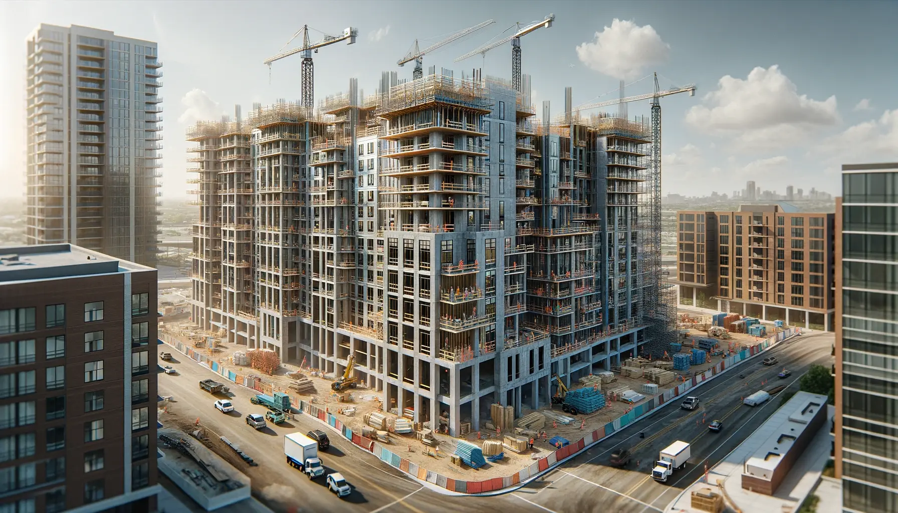 Modern warehouse with pallets and forklifts